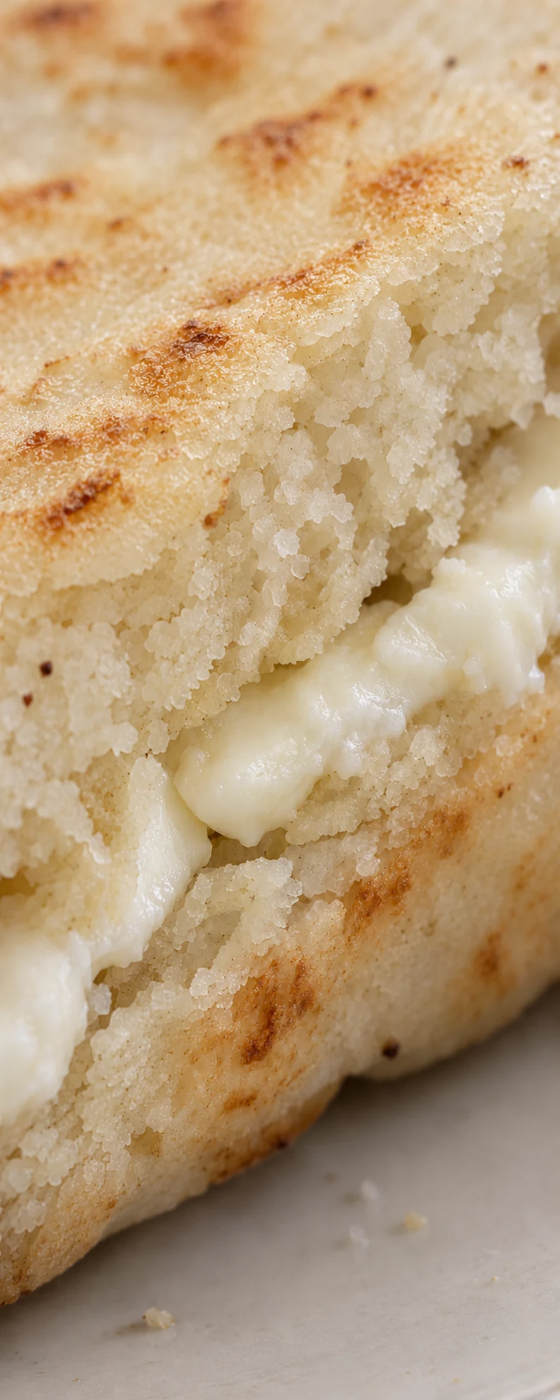 Illustrative close-up of toasted corn arepa, fine maize crumb and white cheese