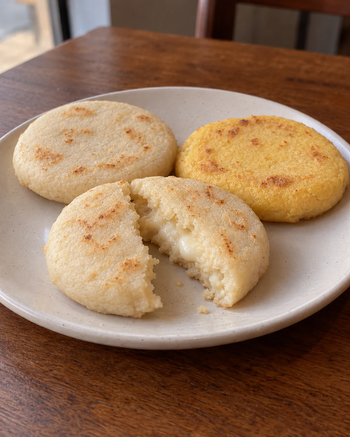 Serving suggestion: white and yellow corn arepas with a modest cheese filling