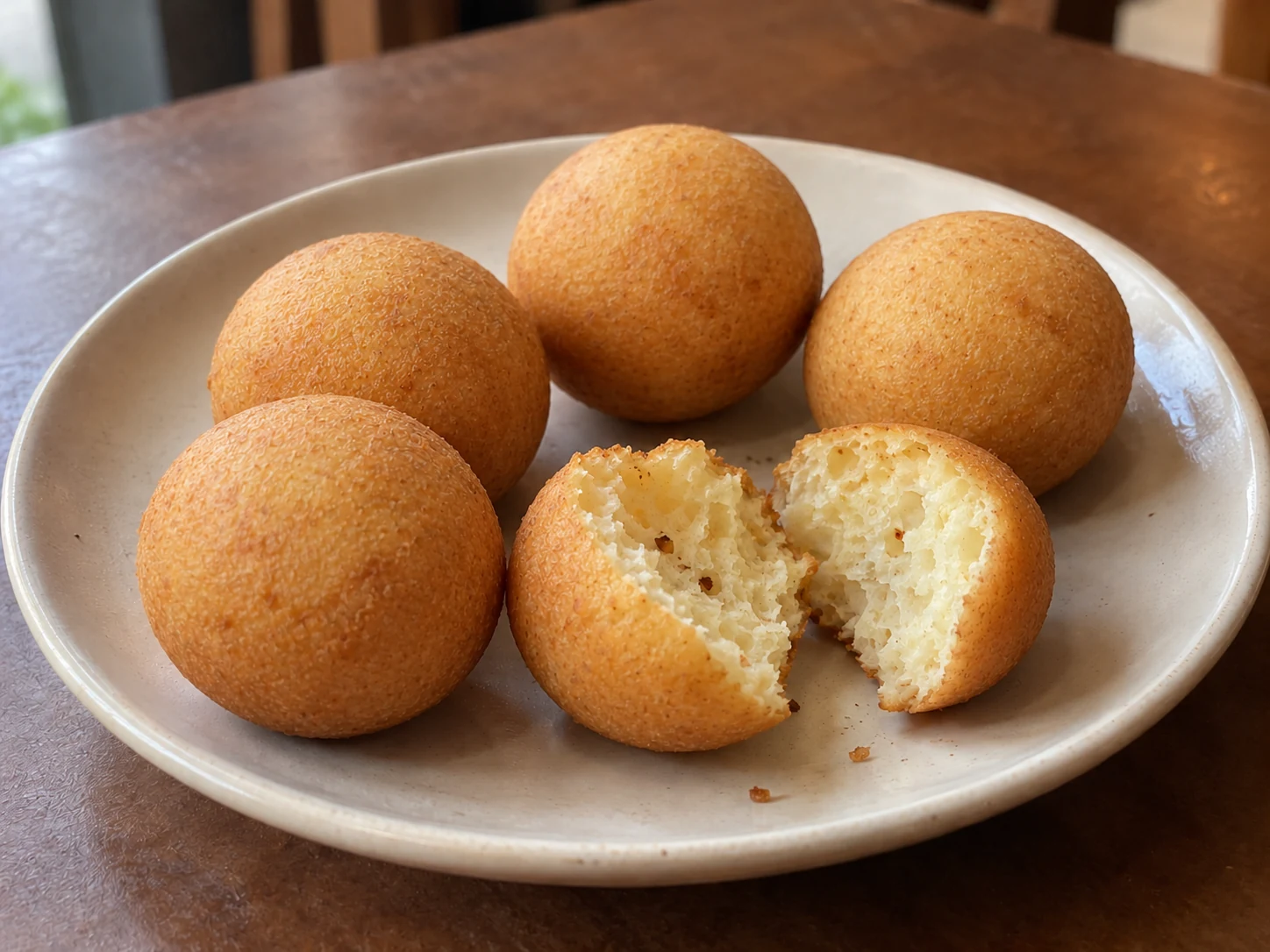 Serving suggestion: golden Colombian buñuelos with one split to show the crumb
