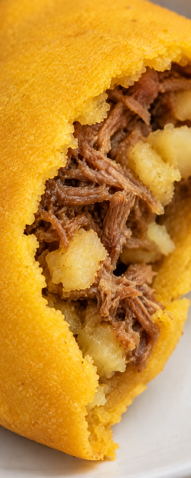 Illustrative macro close-up of a crisp empanada shell with beef and potato filling