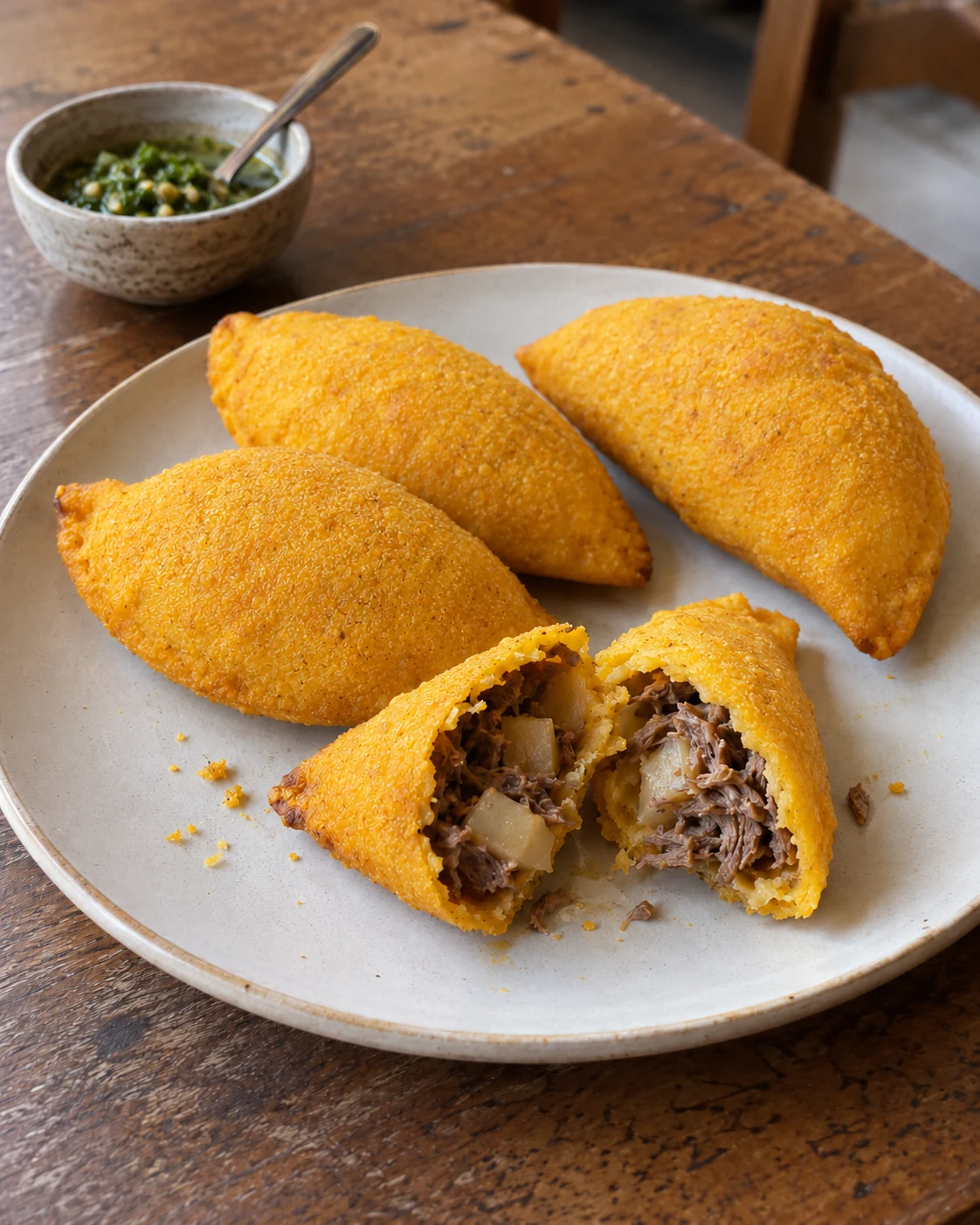 Serving suggestion: golden Colombian empanadas served with ají on a ceramic plate