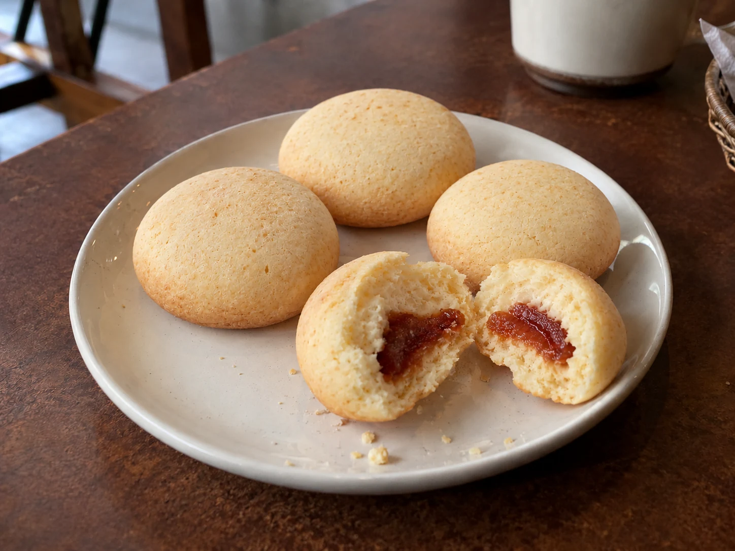 Serving suggestion: Colombian pandebonos with one open to show guava bocadillo