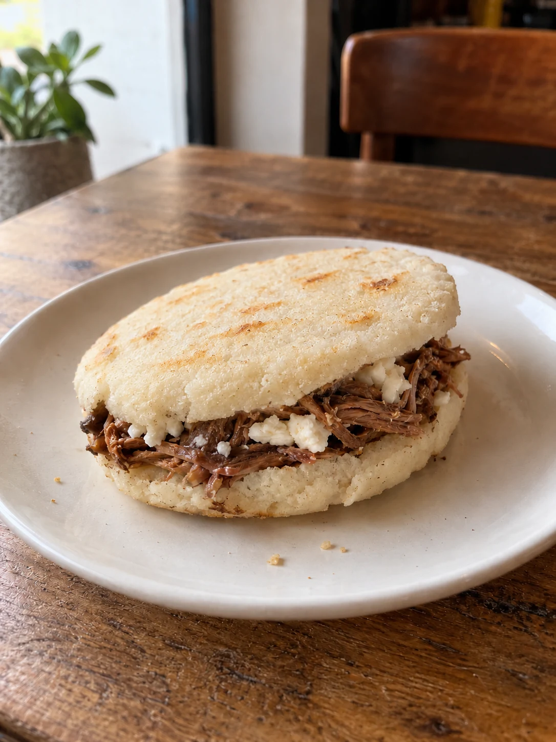 Serving suggestion: a white corn arepa with shredded beef and white cheese