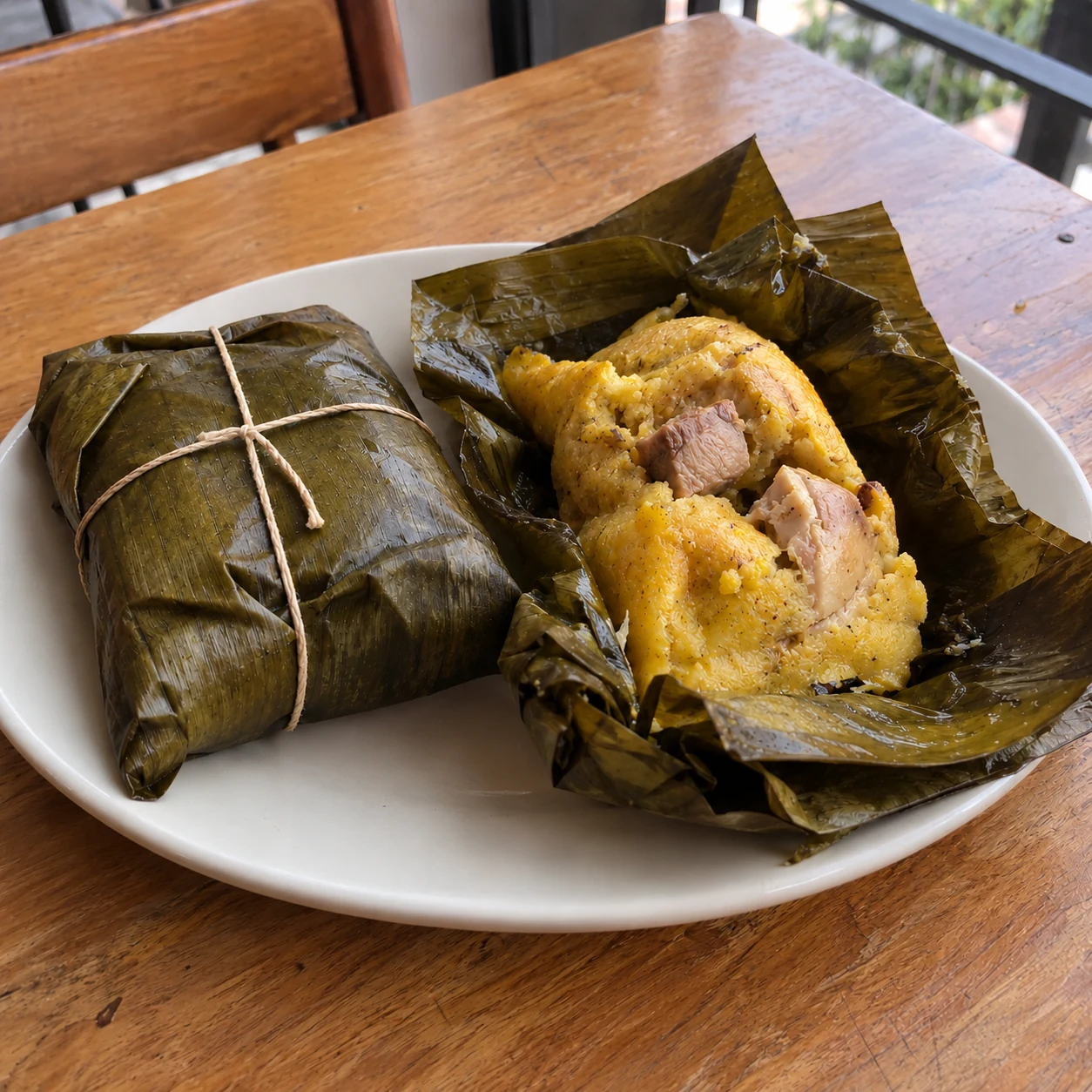 Serving suggestion: a wrapped banana-leaf tamal beside an opened serving